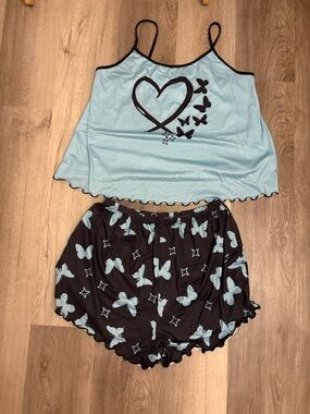 SHEIN Light Blue & Black Butterfly Heart Cami and Shorts Pajama Set